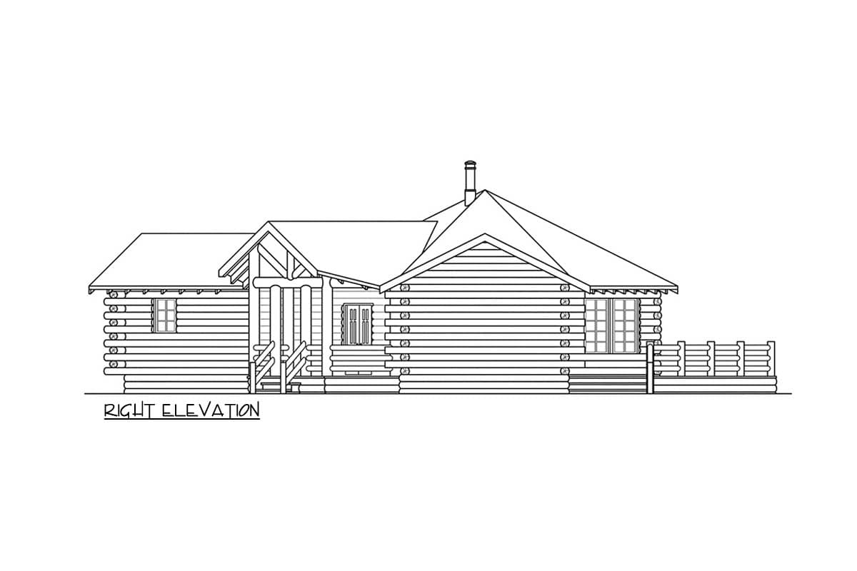 Log cabin house plan exterior with covered front porch, gable roof, dormer and wood railing.