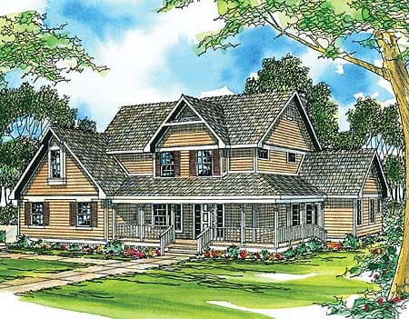 House plan exterior of a two-story home with a wraparound porch, multiple gables, and dormer windows.