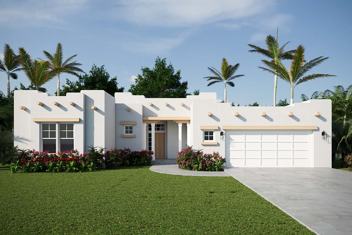 Southwestern style house plan exterior with flat roof, exposed rafters, covered entryway, and a two-car garage.