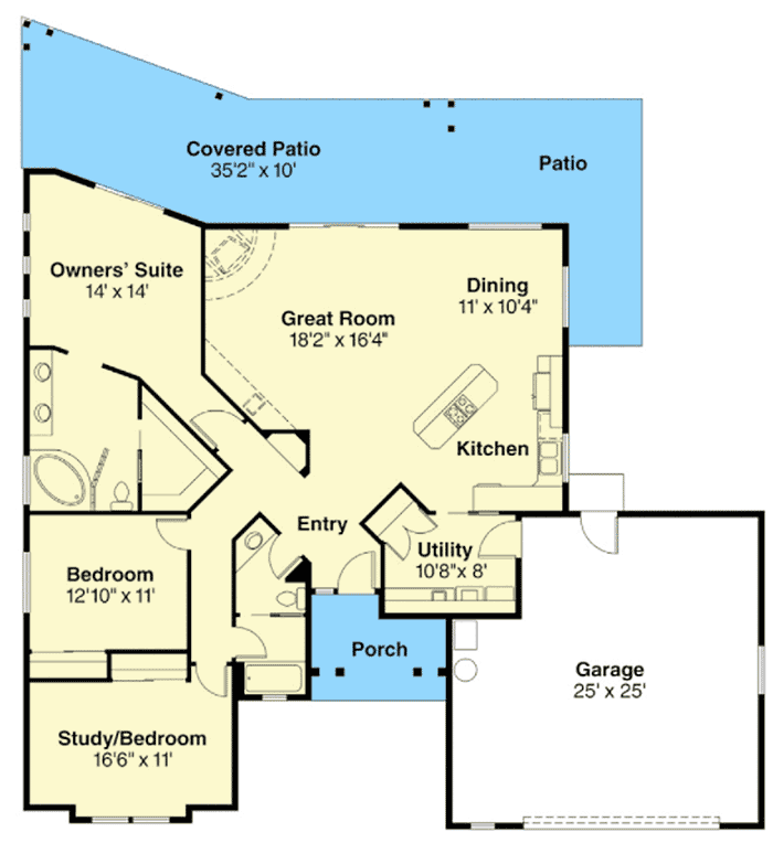 Plan 72191DA: 3-Bed Adobe-Style House Plan with Flex Room and Outdoor Patio - 1760 Sq Ft - Floor Plan - Main Level - Adobe , Southwest