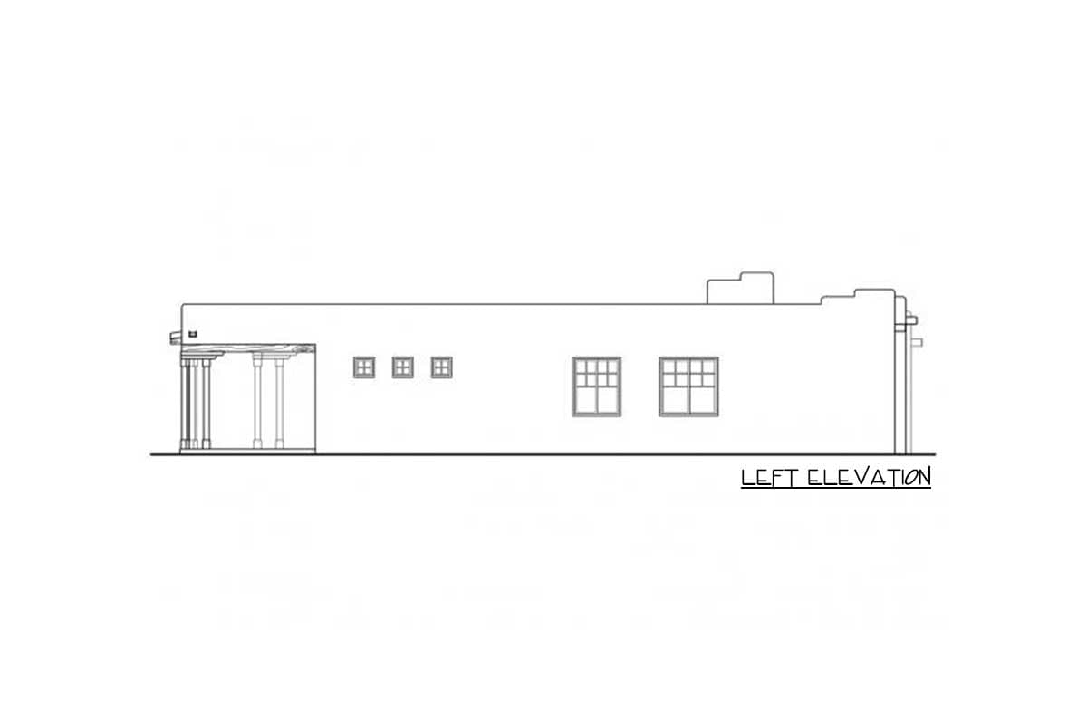 Left elevation drawing of a single-story house with a covered porch, multiple windows, and stucco-like exterior.