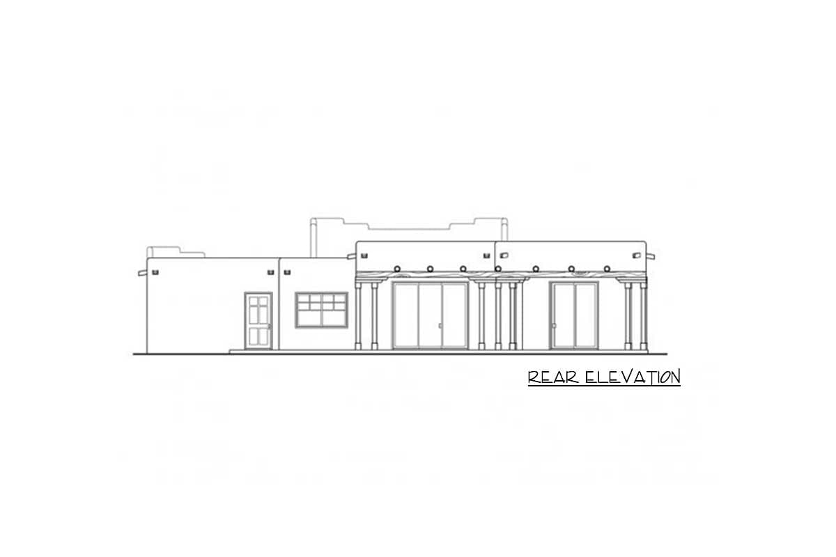 Rear elevation drawing of a single-story house with a covered porch supported by columns, a window, and two doors.