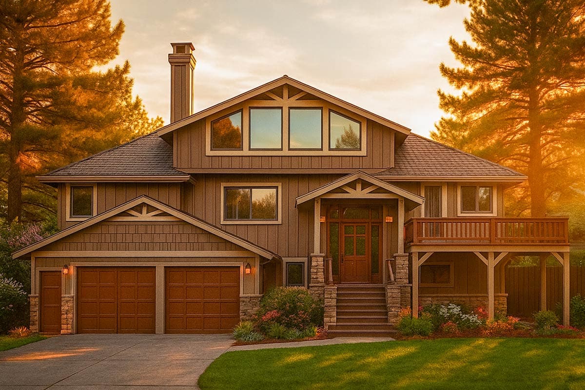 House plan exterior: Two-story home with siding and stone accents, gabled dormers, a covered entry porch, and a front-facing double garage.