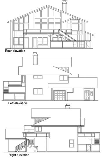 Architectural house plan showing rear, left, and right elevations with large windows, a deck, and a garage.
