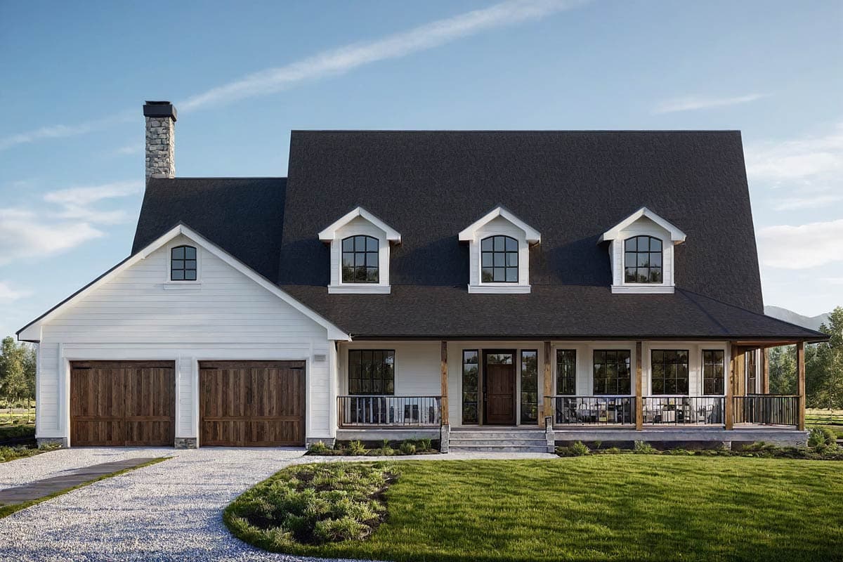 House plan exterior: Modern farmhouse style, two stories, white siding, large wrap-around porch, dormer windows, and a two-car garage.