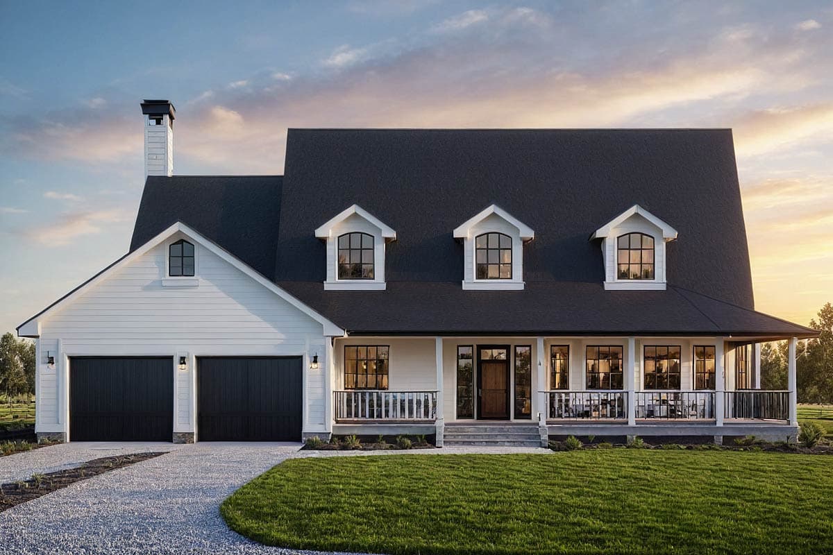 Modern Farmhouse house plan exterior with two-car garage, wraparound porch, and dormer windows.