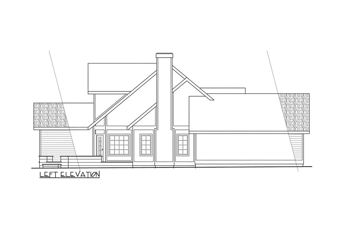 Left elevation drawing of a house plan with a prominent pitched roofline, large windows, and a central chimney.