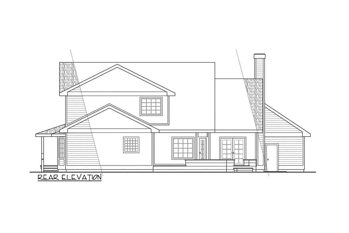Rear elevation drawing of a two-story house with a covered porch, multiple gables, a prominent chimney, and double doors.