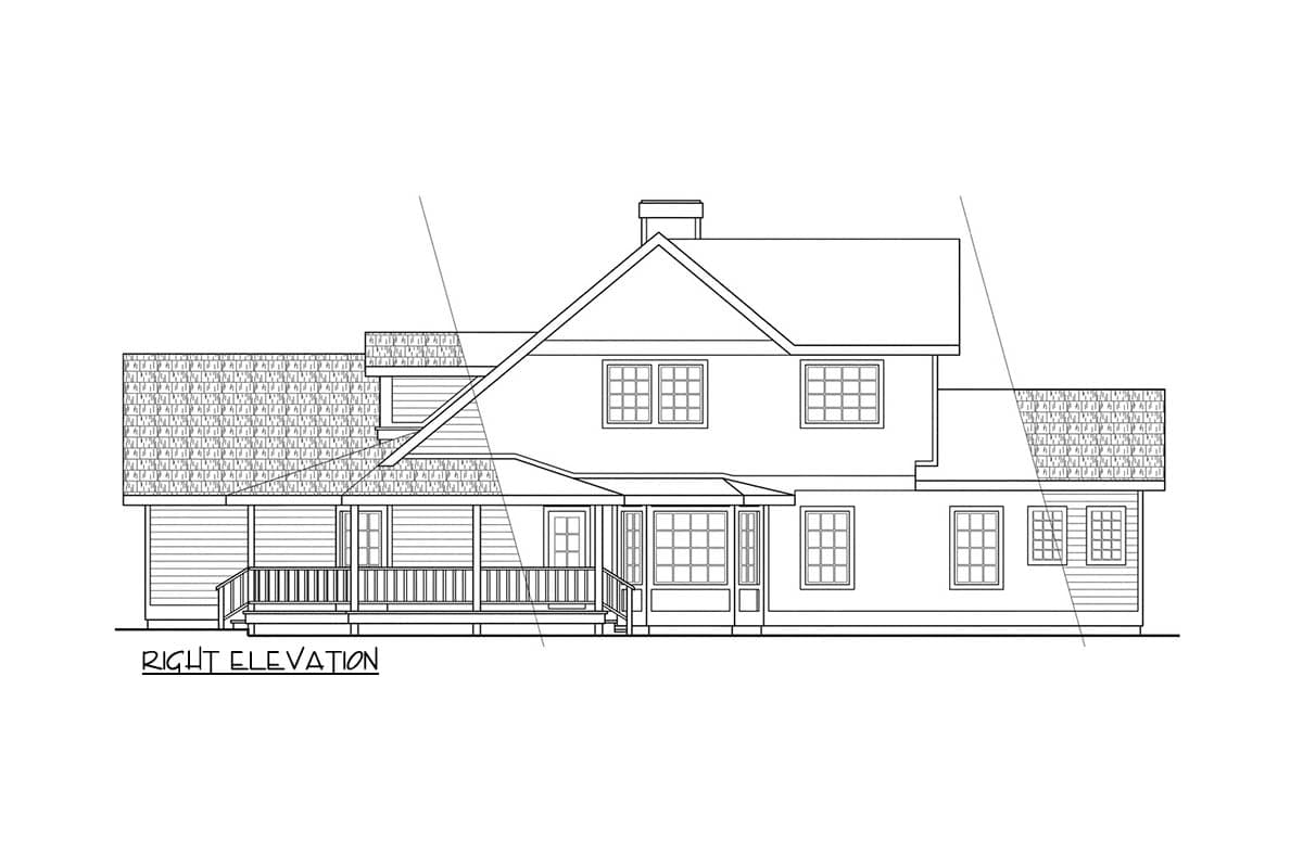 Right elevation house plan showing a two-story home with a wrap-around porch, gables, and multiple windows.