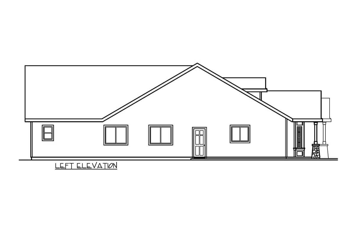 Architectural house plan elevations: rear, left, and right views showing gabled rooflines and porch details.