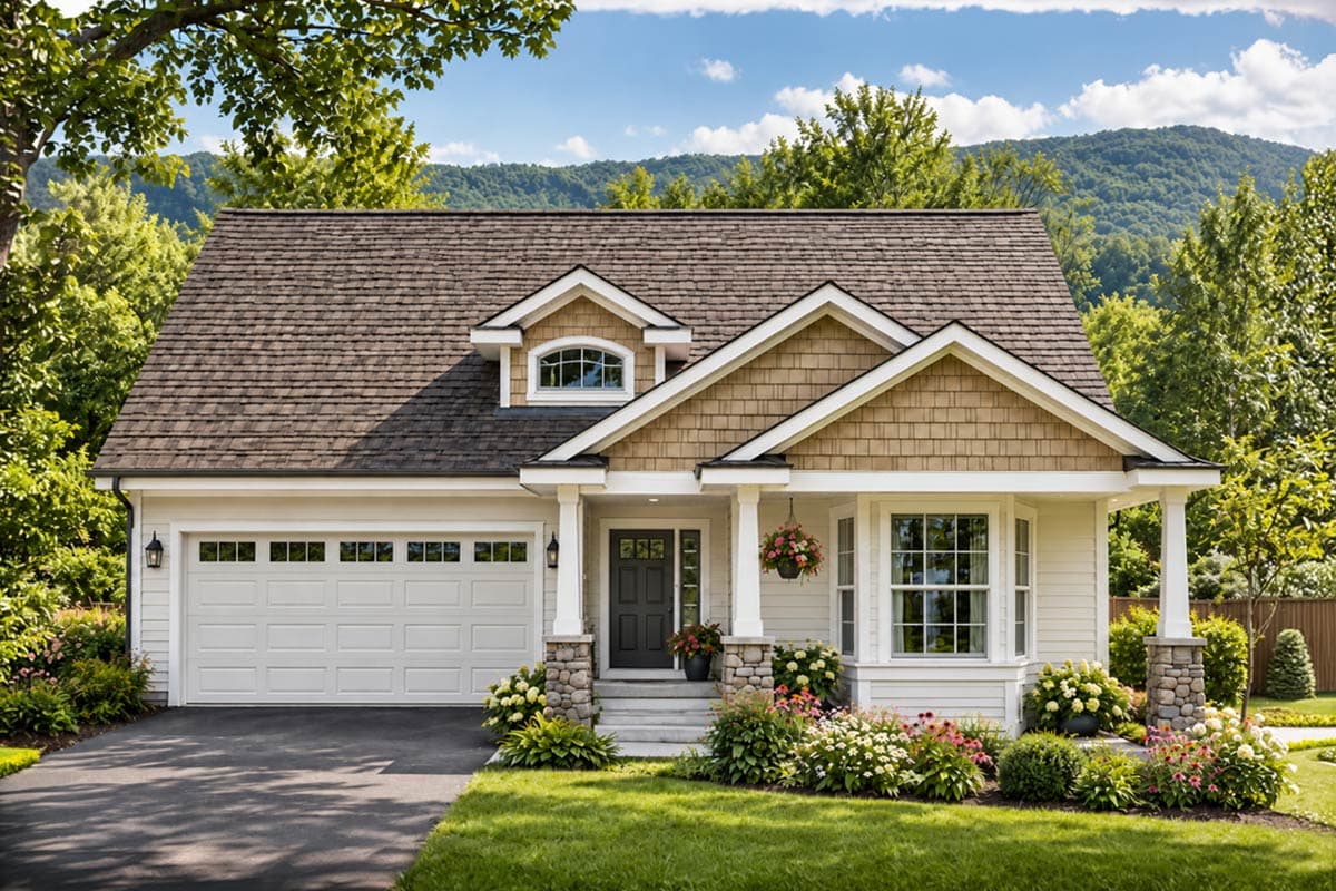 Craftsman house plan exterior: one-story, gabled roof, dormer, covered porch with stone columns, and side-entry garage.