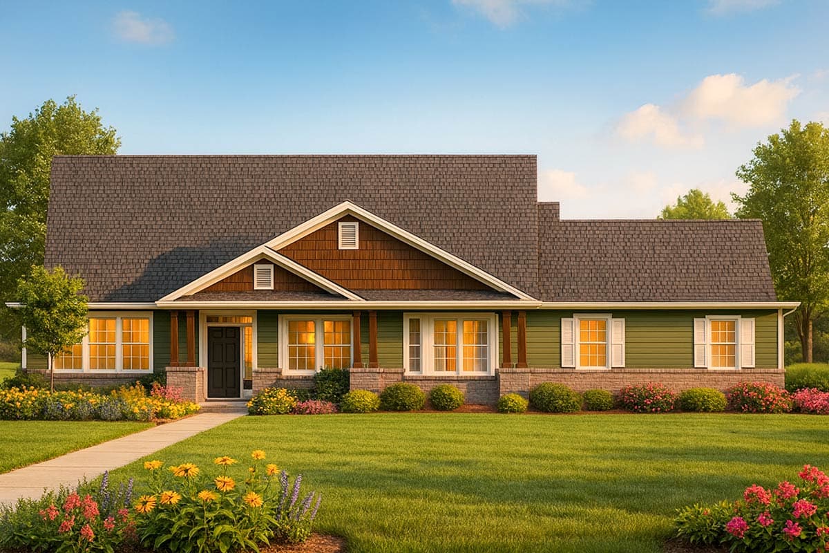 House plan exterior: Ranch style, prominent gables with shake siding, covered porch with pillars, multi-level roof.