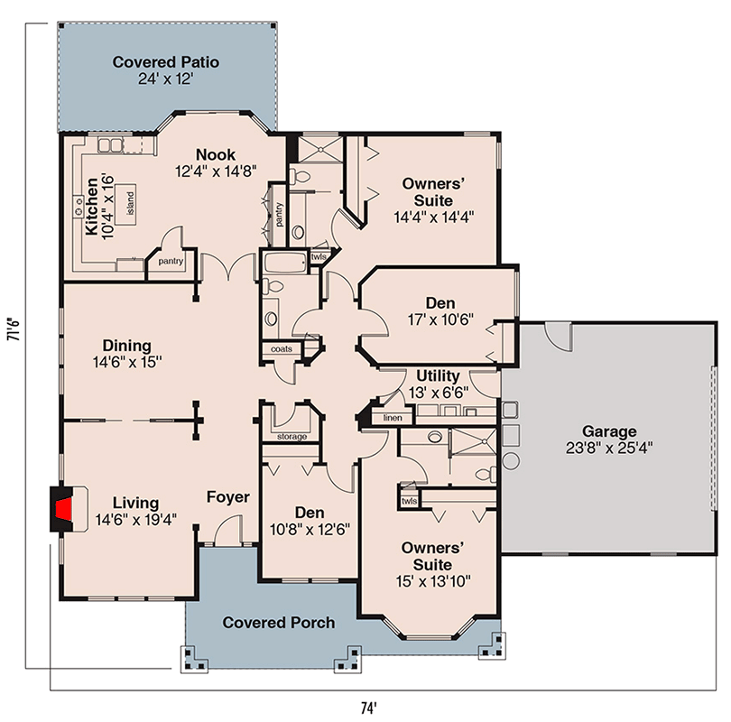 Plan 72207DA: Craftsman Ranch House Plan with Dual Master Suites - Floor Plan - Main Level - Craftsman, Ranch, Traditional