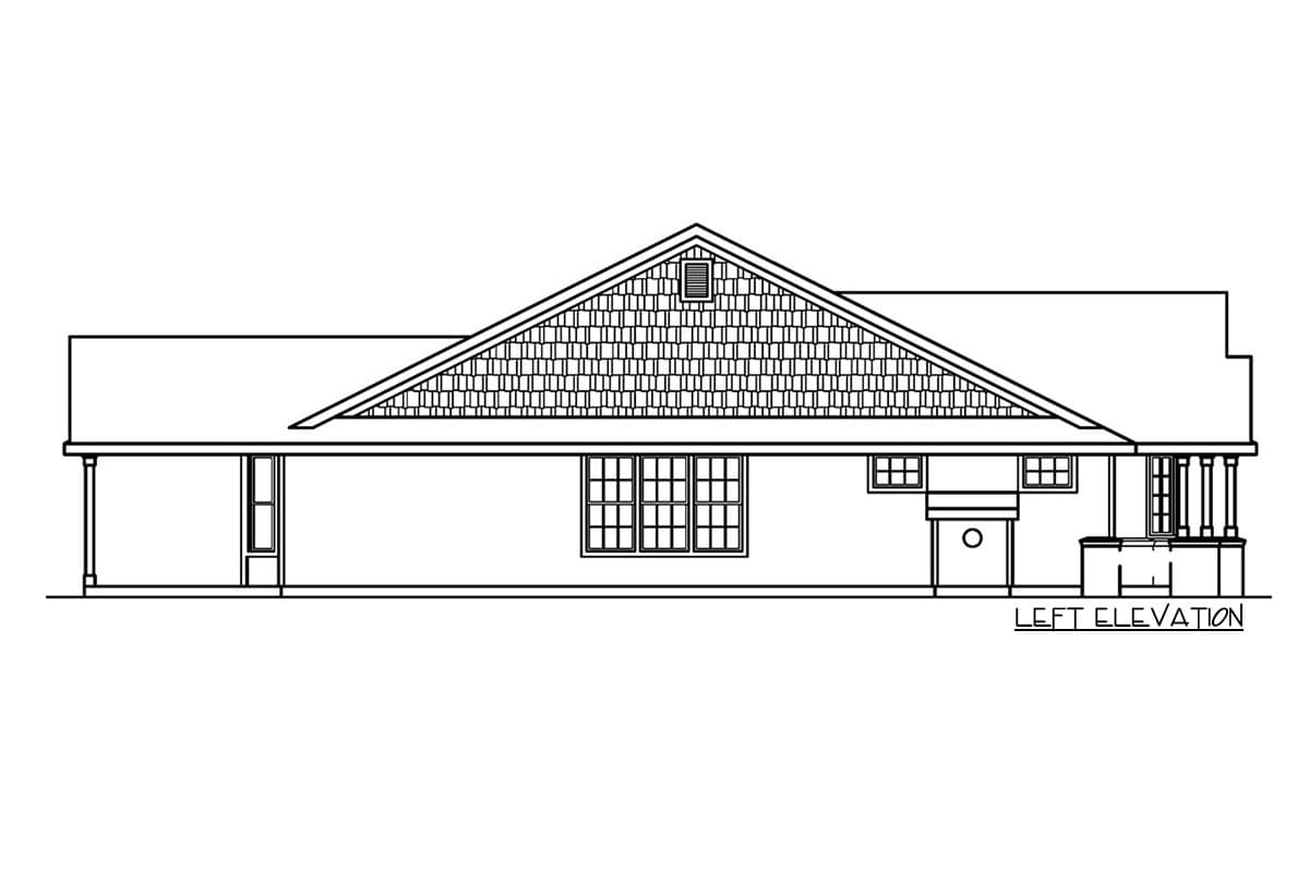 House plan left elevation drawing showing a steeply pitched gable roof with shingles, large windows, and a covered porch.