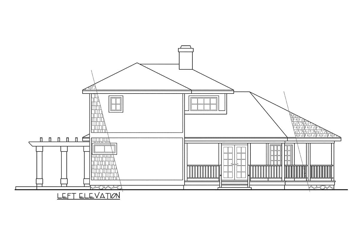 House plan exterior showing a multi-story home with a wrap-around porch, stone foundation, and shingle siding.