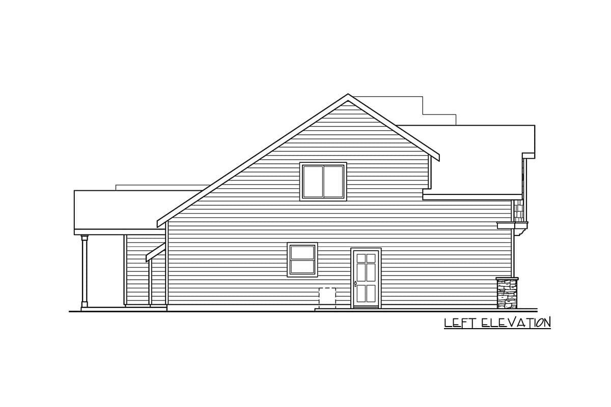 Left elevation drawing of a house plan with a prominent gable roof, a covered porch with columns, and a stone base.