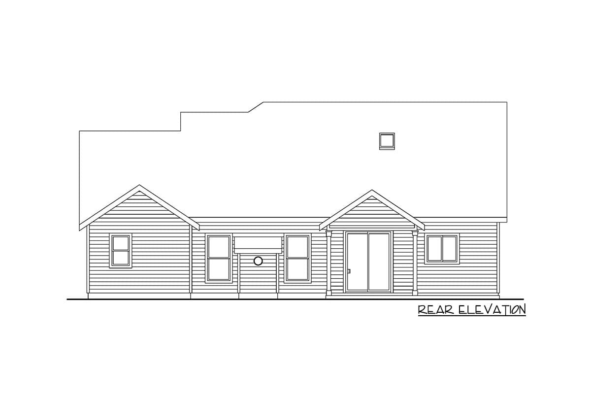 Rear elevation drawing of a house plan with gabled ends, horizontal siding, windows, and sliding glass doors.