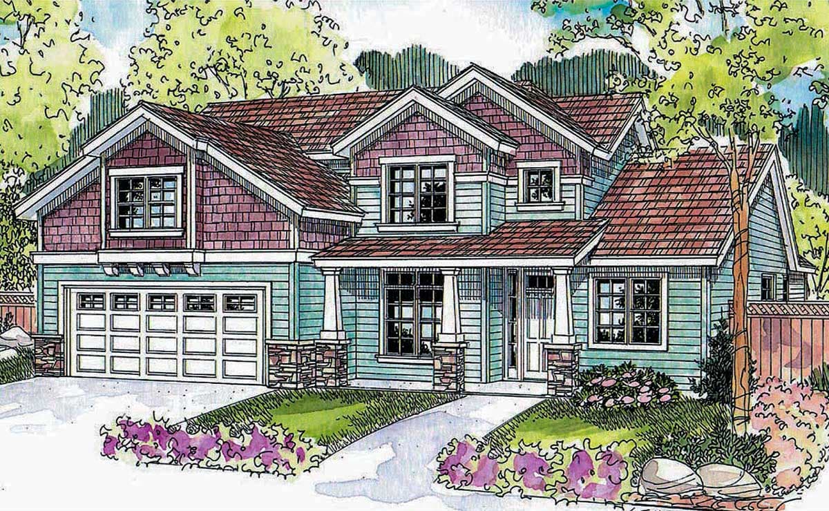 House plan exterior: Two-story Modern Farmhouse with a prominent gable, covered front porch with stone columns, and a side-entry garage.