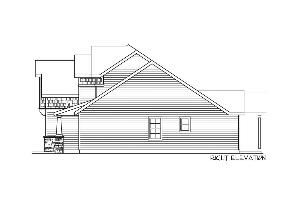 Right elevation drawing of a house plan showing multiple rooflines, a covered porch with stone support, and two windows.