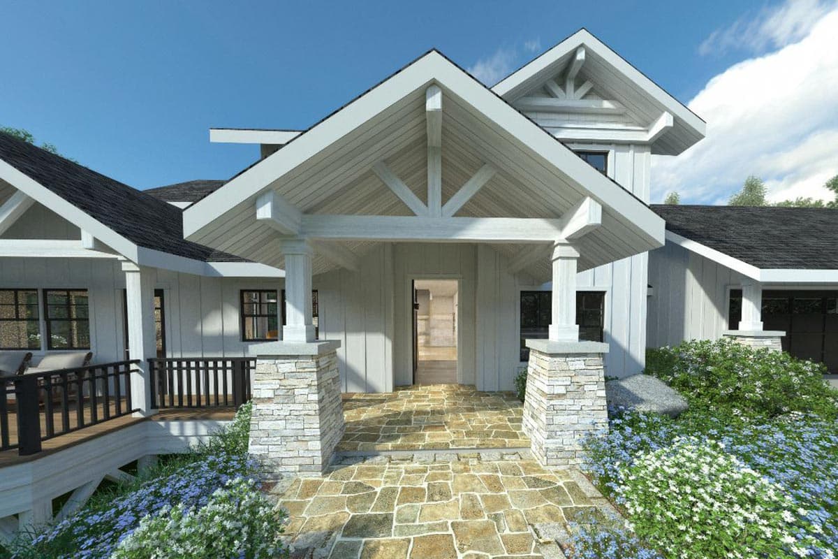 Modern Farmhouse house plan exterior with a covered entry, stone piers, and exposed rafter tails.
