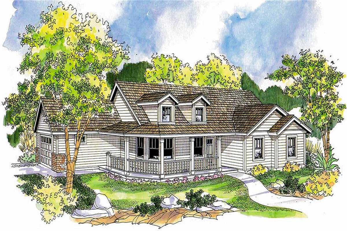 House plan exterior: One-and-a-half-story home with wraparound porch, two dormers, and attached garage.