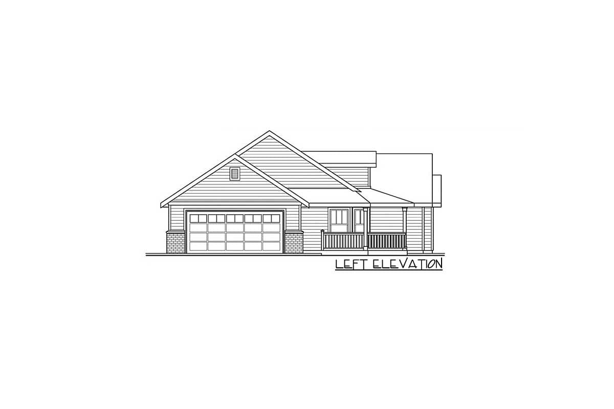Left elevation house plan showing a single-story home with attached garage, gabled roof, covered front porch, and horizontal siding.