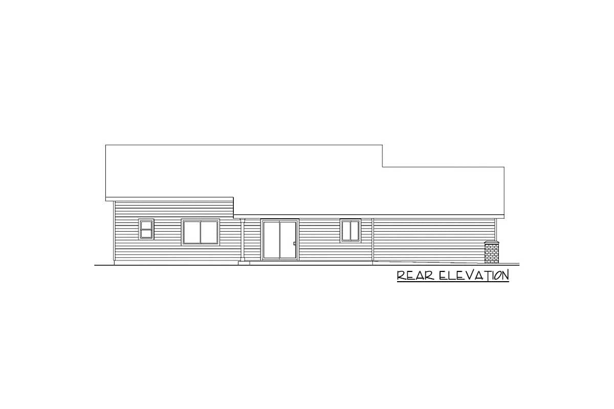 Rear elevation of a house plan, showing siding, a sliding glass door, three windows, and a single-story roofline.