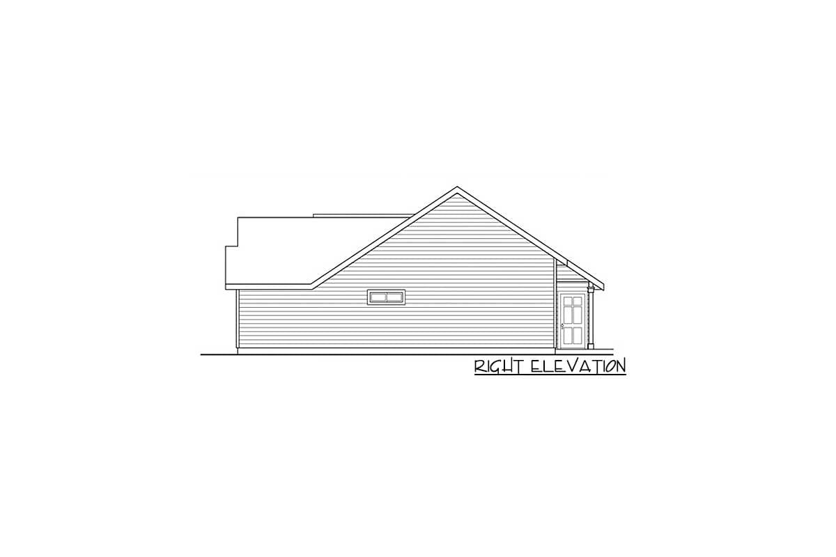 Right elevation drawing of a house plan featuring horizontal siding, a prominent gable roof, and a small rectangular window.