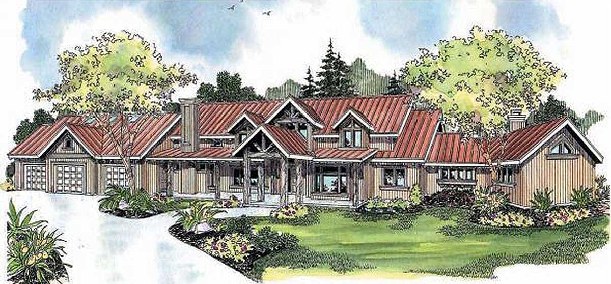 House plan exterior: Ranch style, two stories, with a covered front porch, gables, and a three-car garage.