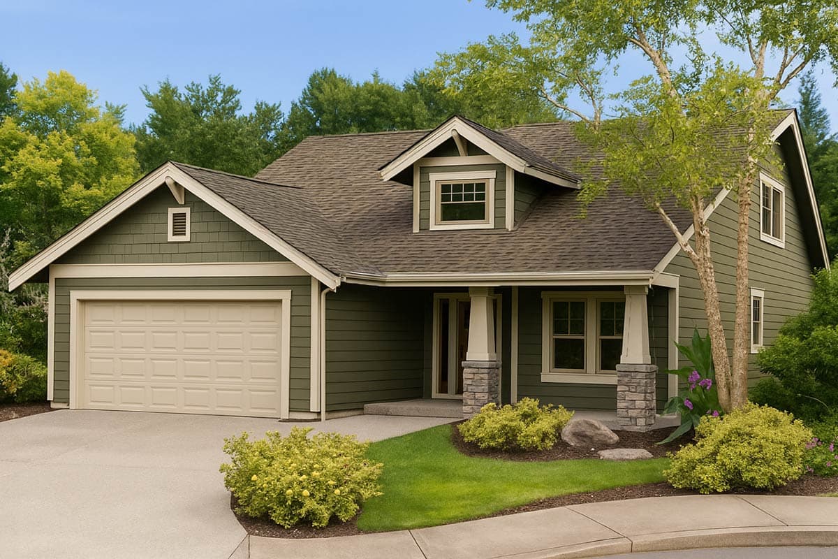Craftsman style house plan exterior with dormer, gabled roof, stone-accented porch columns, and attached garage.