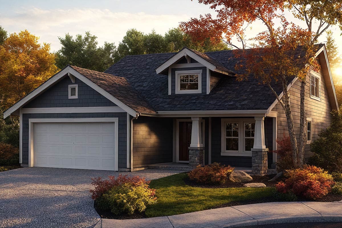 House plan exterior: Modern Farmhouse style, 1.5 stories, with attached garage, gable dormer, and covered front porch with stone accents.