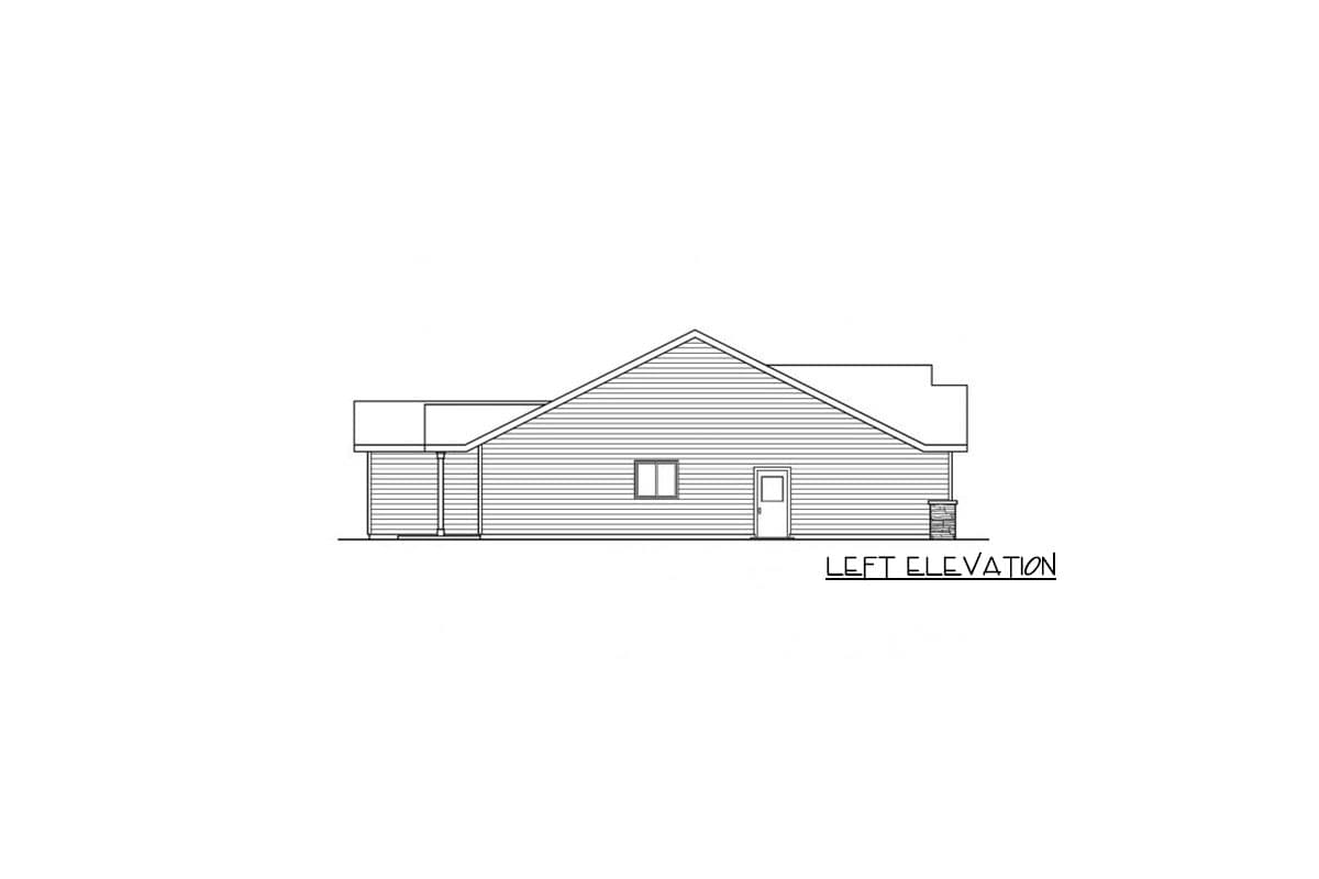 Left elevation drawing of a one-story house plan showing a gabled roof, attached garage, and a single door.