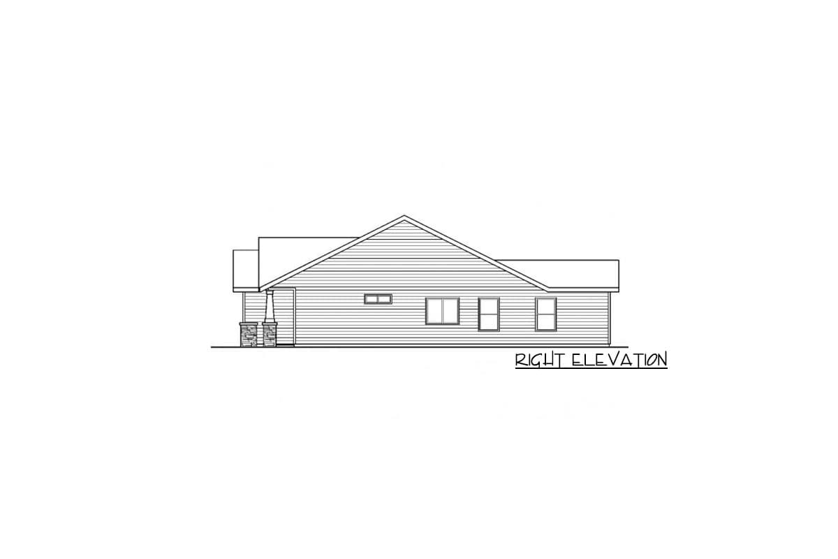 Right elevation drawing of a single-story house with a gabled roof, horizontal siding, and a porch supported by stone pillars.