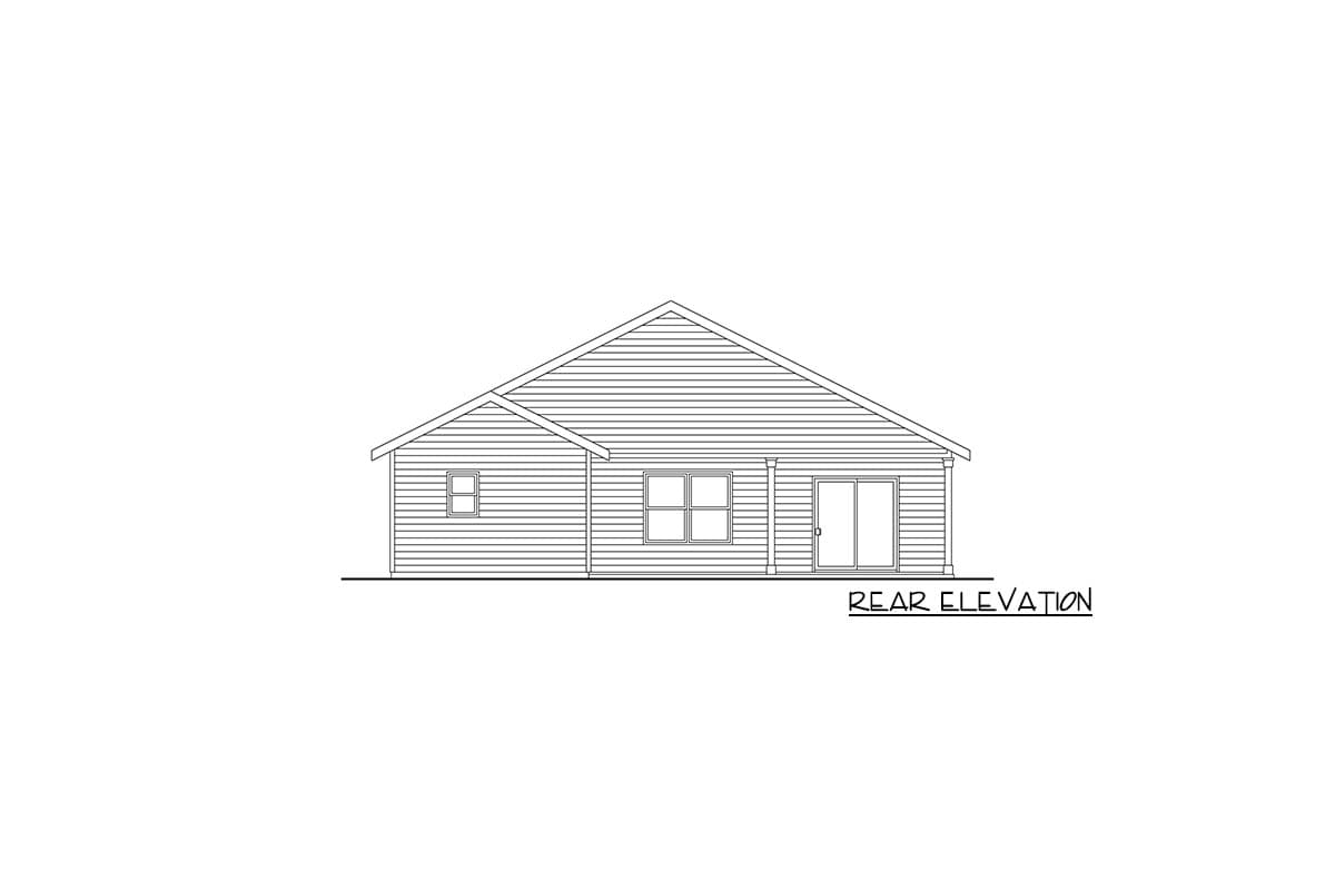 Rear elevation drawing of a one-story house with horizontal siding, two windows, and a sliding glass door.