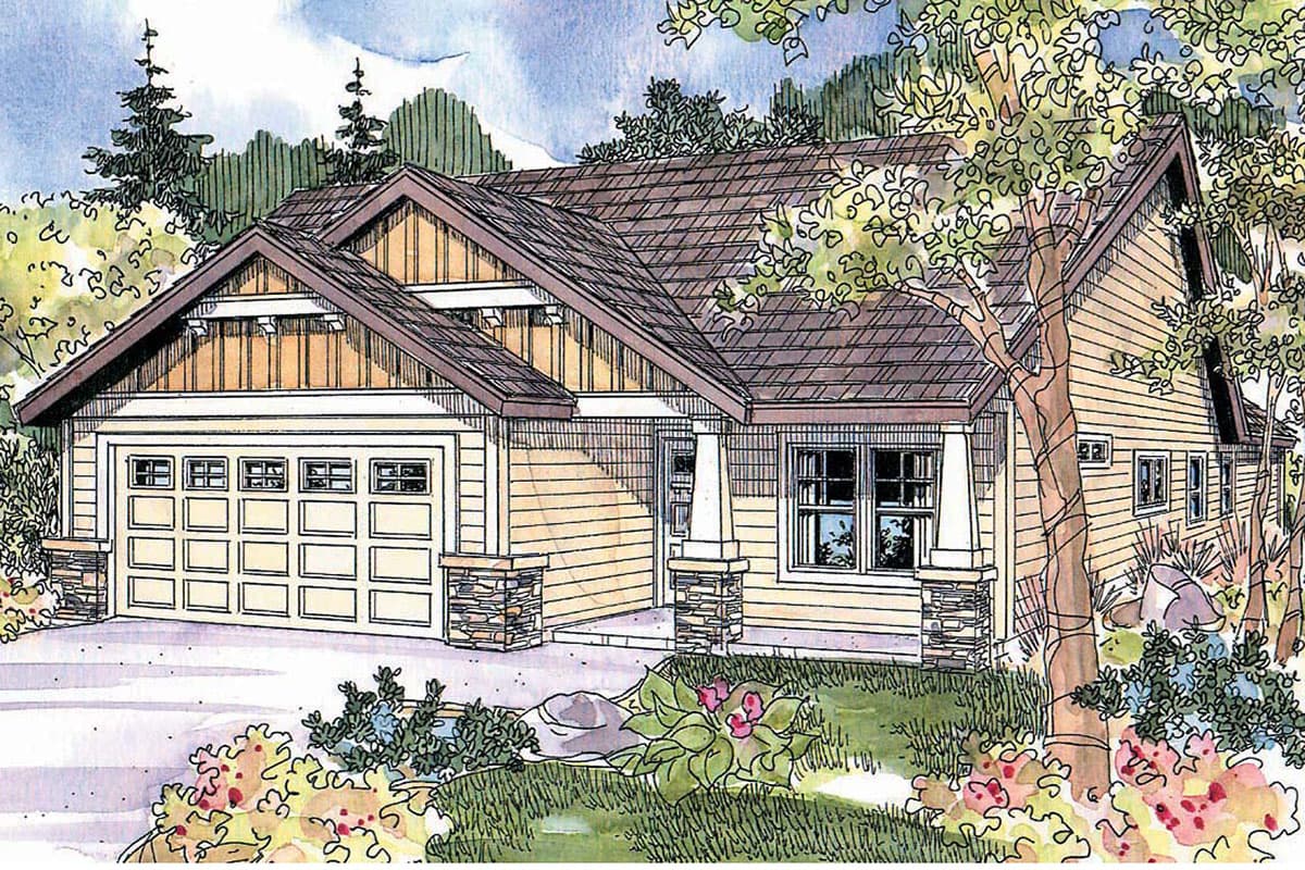 House plan exterior: Ranch style, two-car garage, covered entry porch with stone-clad columns, multiple gables.