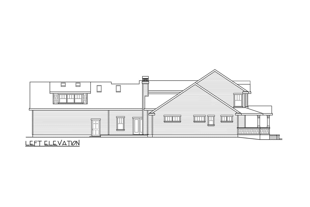 Rear, left, and right elevation drawings of a multi-story house plan with gables, dormers, a prominent chimney, and an attached two-car garage.