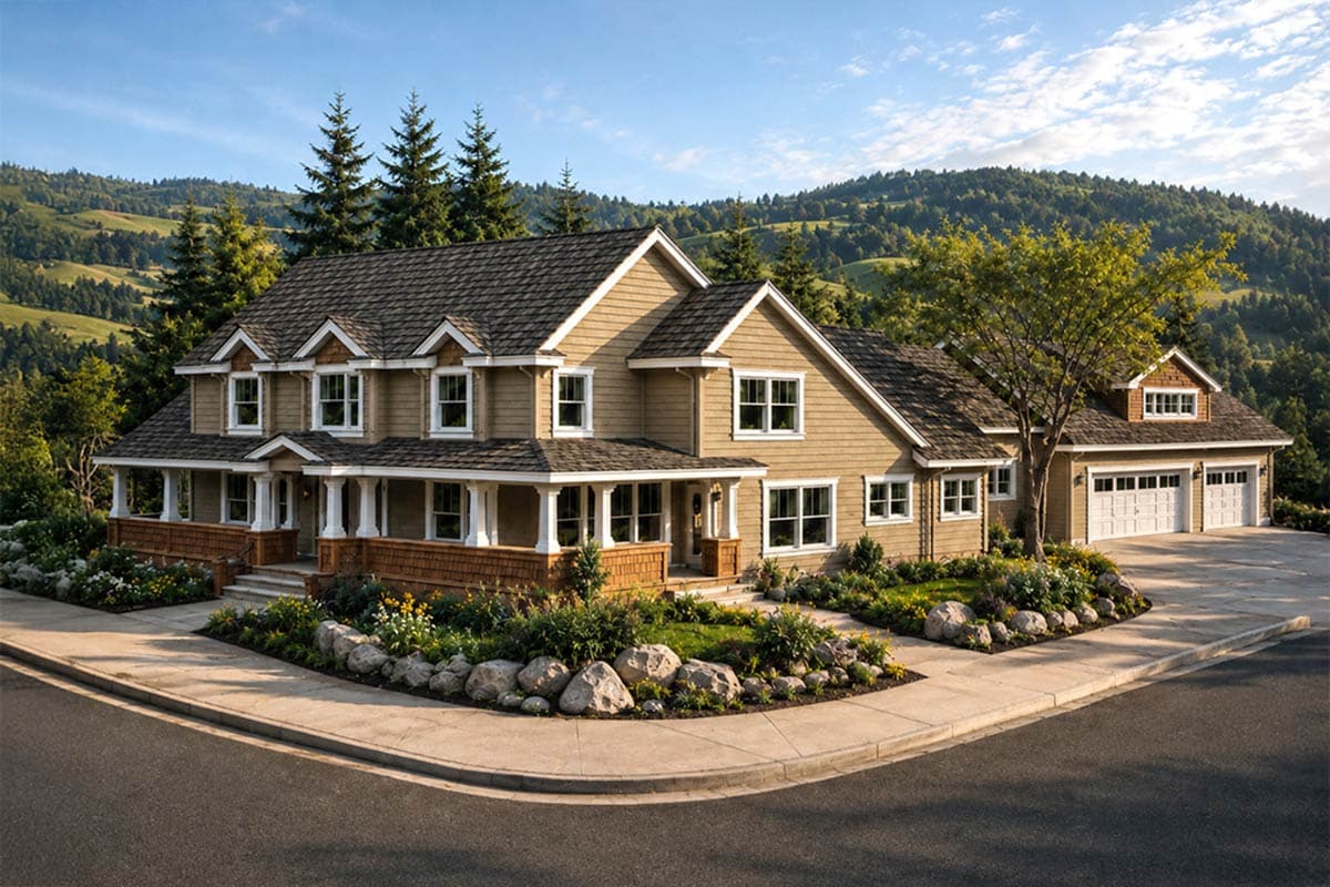 House plan exterior: Three-story home with wraparound porch, multiple gables, and attached three-car garage.