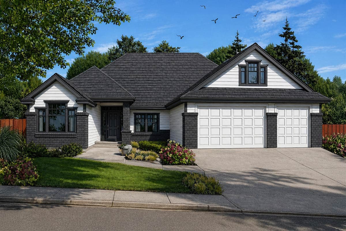House plan exterior: Craftsman-style, one-story home with a prominent front gable, covered entry, and a three-car garage.