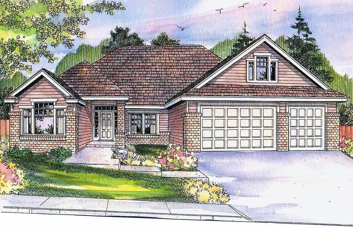 House plan exterior: Craftsman-style, one-story home with a prominent front gable, covered entry, and a three-car garage.
