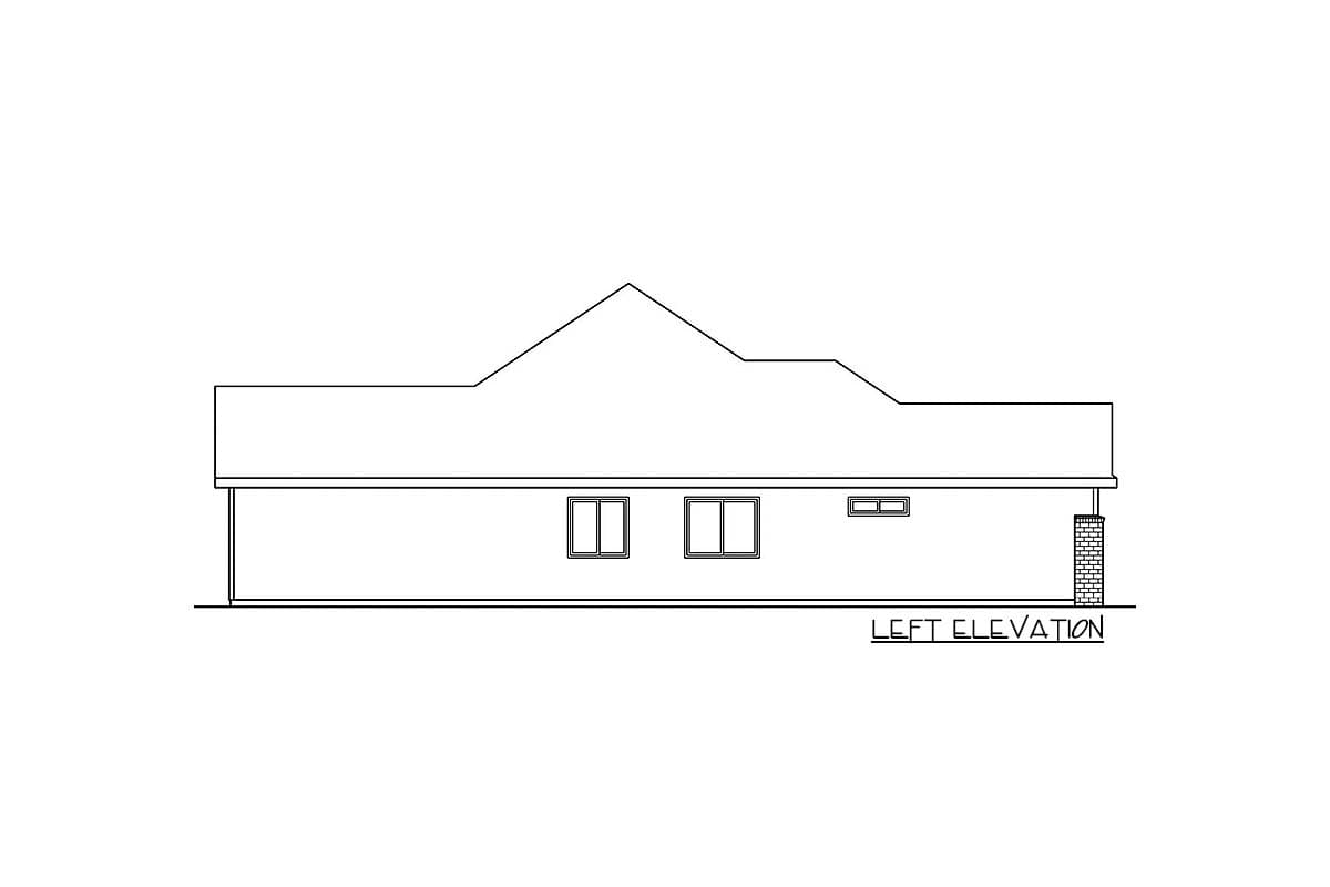 Left elevation drawing of a house plan showing a complex roofline, two double-hung windows, and a brick column.