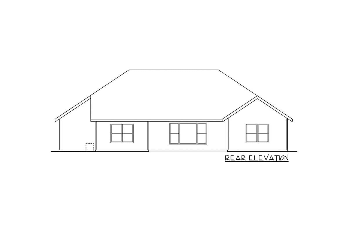 Rear elevation drawing of a one-story house plan with a prominent hip roof and three windows.