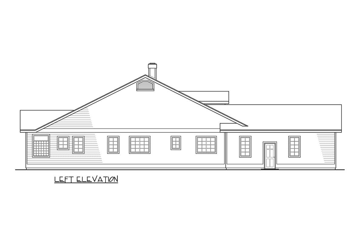 Left elevation drawing of a one-story house plan with a prominent gable dormer, multiple windows, and a centered door.