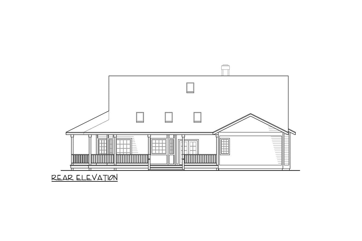 Rear elevation drawing of a house plan with a full-width porch, multiple gables, and dormer windows.