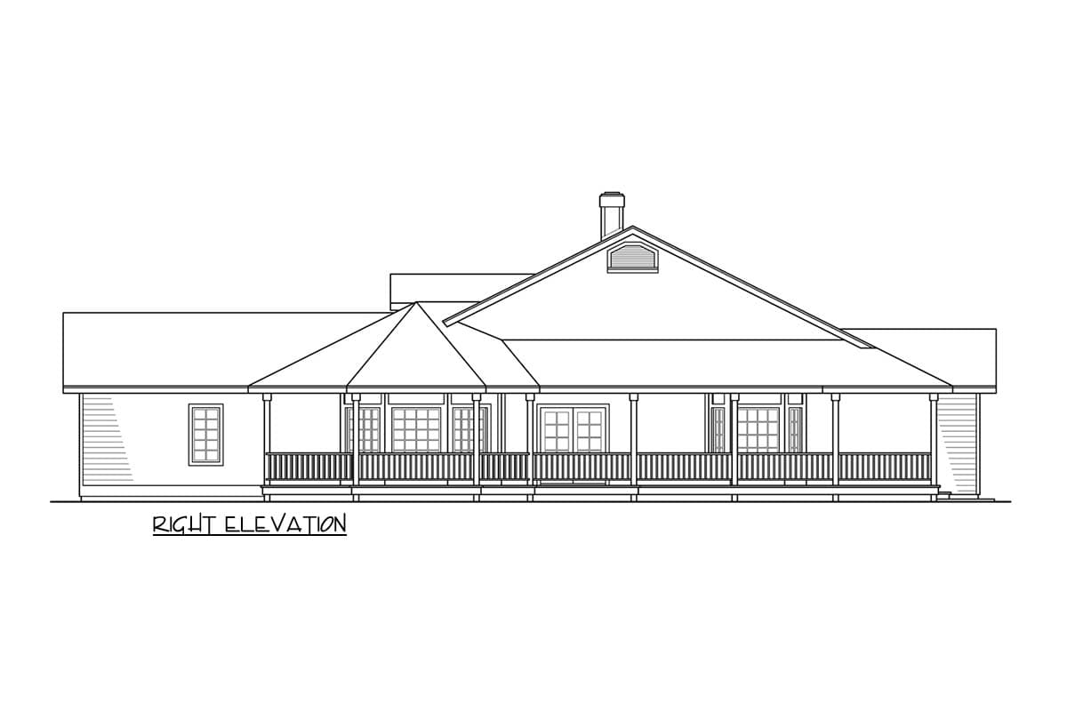 Right elevation of a house plan showing a wraparound porch, gables, and a prominent roofline with dormer.