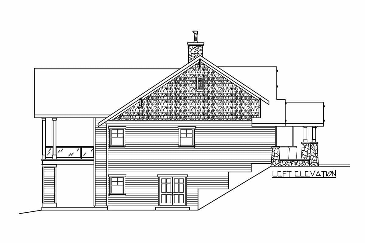 House plan left elevation showing a two-story structure with a prominent gable, dormer, stone chimney, and covered porch.
