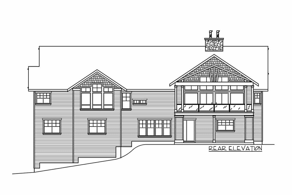 Rear elevation house plan drawing with multiple gables, a prominent stone chimney, and a second-story screened porch with large windows.
