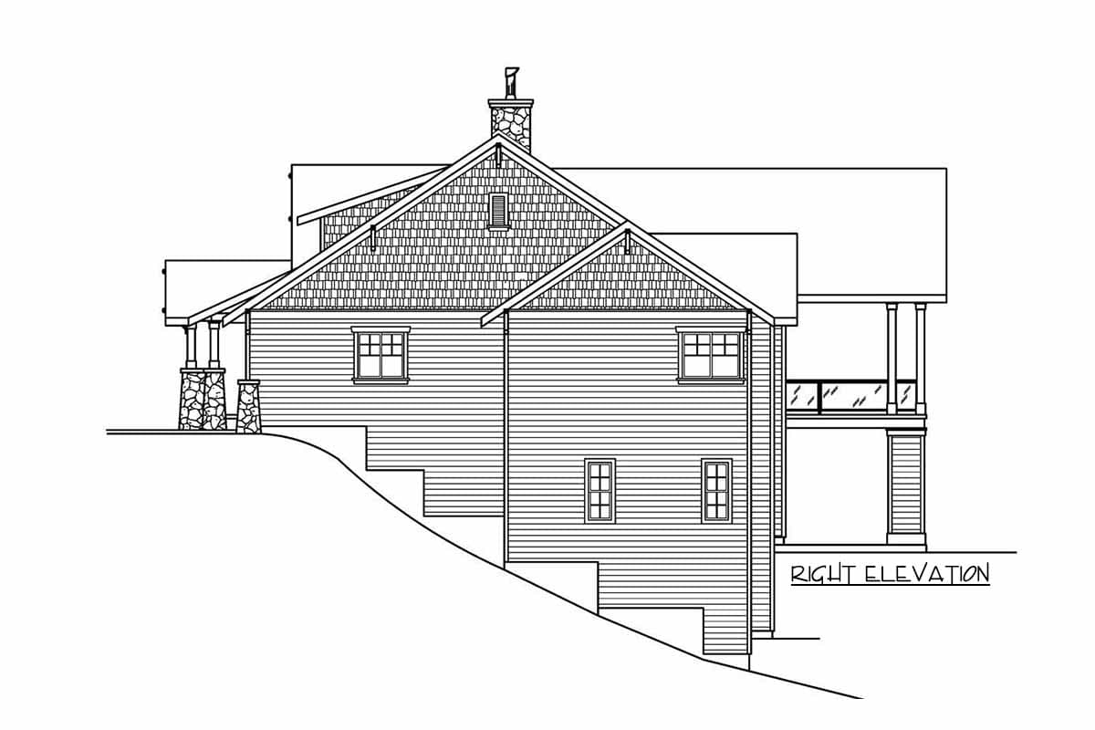 House plan right elevation drawing featuring stone foundation, gables, dormer, and covered porch.