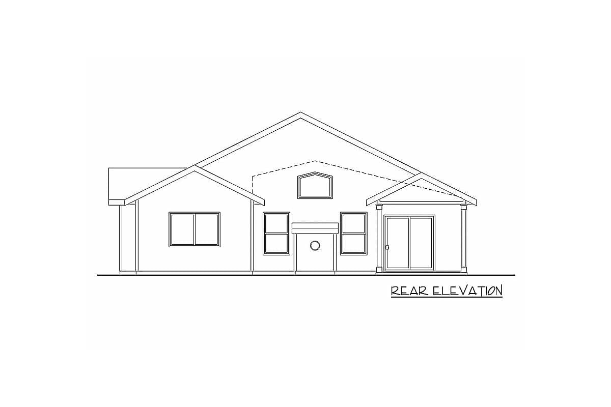 Rear elevation drawing of a house plan showing windows, a sliding glass door, and a gabled roofline.