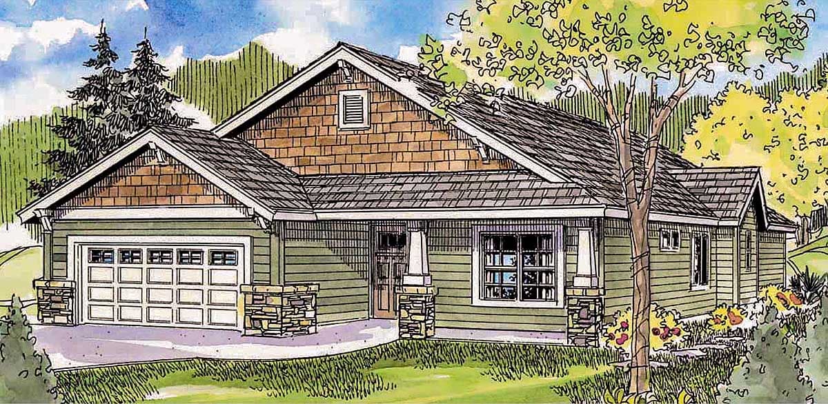 Craftsman style house plan exterior with a covered front porch, stone pillar accents, a gable with cedar shingle siding, and a two-car garage.