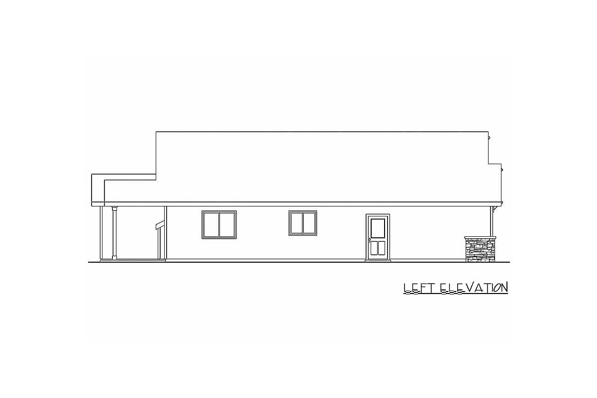 Left elevation house plan with covered porch, two windows, a door, and stone accent.